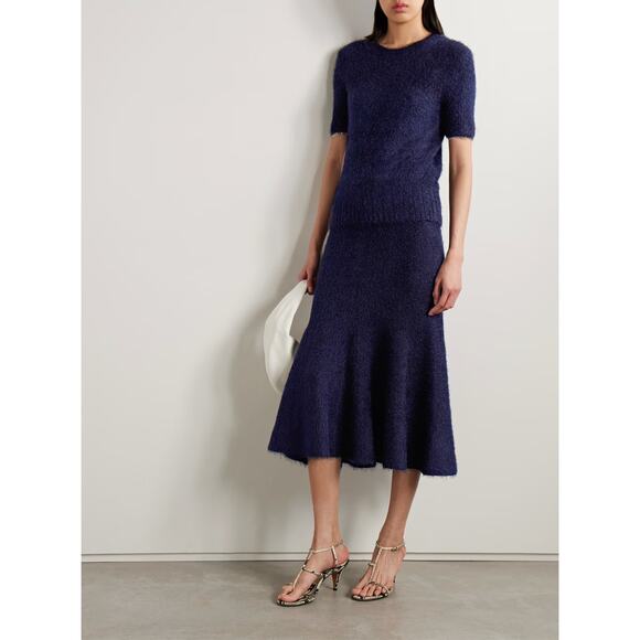 $2400 Khaite Cashmere Silk Cadence Navy Tweed Midi Skirt S Small Blue Fuzzy - Picture 2 of 13